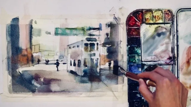 水彩濕中濕畫法教學｜叮叮車